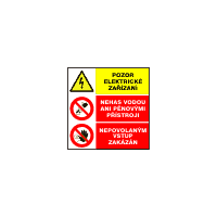 sdr.Q - Pozor elektrické zařízení / Nehas vodou ani pěnovými přístroji / Nepovolaným vstup zakázán