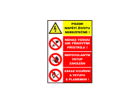 sdr.P - Pozor napětí životu nebezpečné / Nehas vodou ... / Nepovolaným vstup zakázán / Zákaz kouření a vstupu s plamenem 